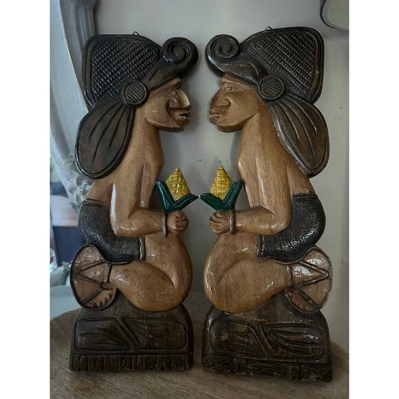 2 Vintage Hand Carved Wood Wall Hanging set Honduras  folk art figures plaques - Picture 8 of 14